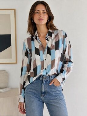 Vintage 90s Abstract Geometric Cotton Button Down Shirt Neutral Eugene Klein